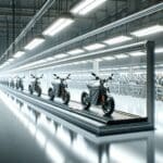 Fotografía editorial de motocicletas eléctricas en una línea de producción moderna, ambiente tecnológico y limpio.