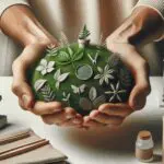 Primer plano de manos sosteniendo biomateriales ecológicos sobre una mesa de laboratorio, fondo neutro y limpio.