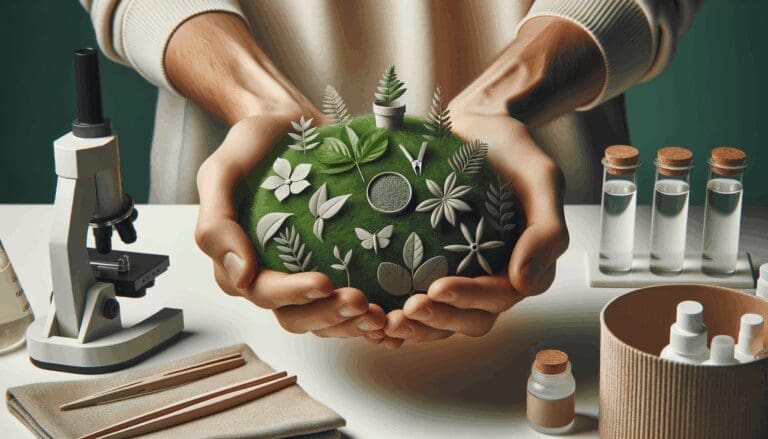 Primer plano de manos sosteniendo biomateriales ecológicos sobre una mesa de laboratorio, fondo neutro y limpio.