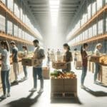 Almacén de alimentos con voluntarios clasificando frutas y verduras en cajas, fondo desenfocado, ambiente luminoso y colaborativo.