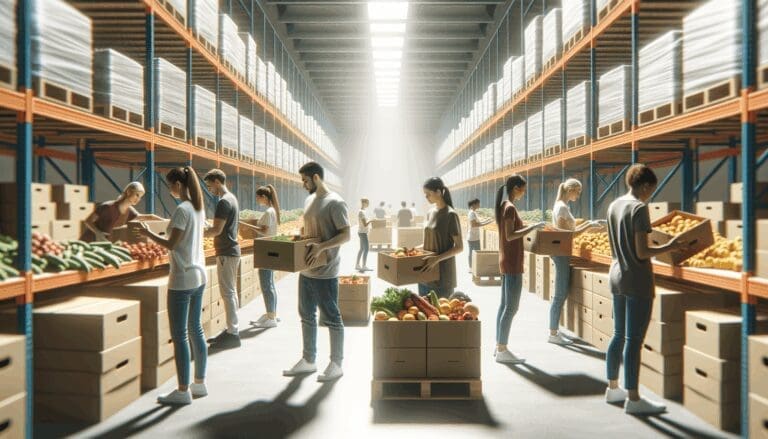 Almacén de alimentos con voluntarios clasificando frutas y verduras en cajas, fondo desenfocado, ambiente luminoso y colaborativo.