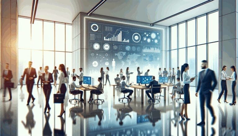 Oficinas luminosas con equipos diversos colaborando alrededor de dispositivos inteligentes y gráficos de datos en pantallas.