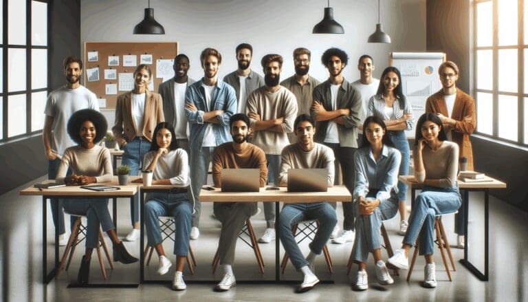 Grupos pequeños de emprendedores reunidos en un espacio de coworking moderno, laptops abiertas y pizarras al fondo.