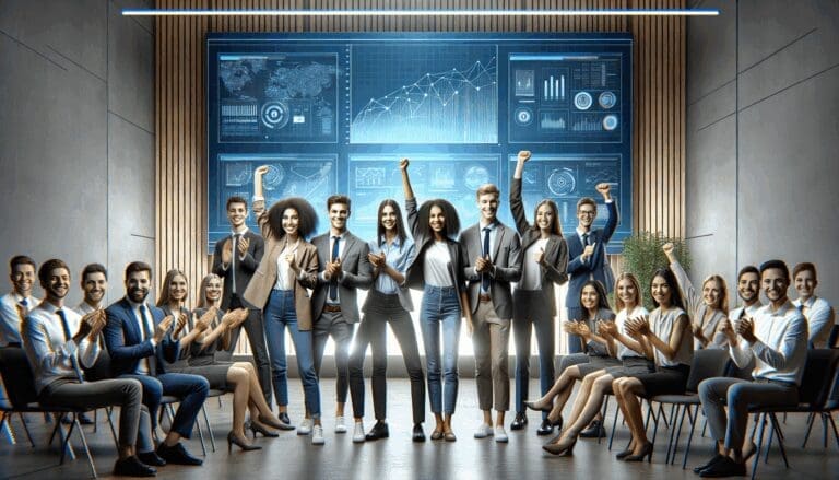 Equipo joven de emprendedores celebrando en un auditorio moderno, pantallas de fondo con gráficos tecnológicos.