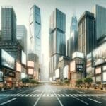 Ciudad moderna con rascacielos y paneles publicitarios digitales en calles concurridas