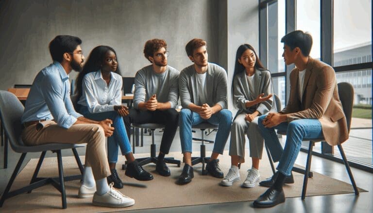 Jóvenes emprendedores discutiendo ideas en un espacio de coworking moderno.