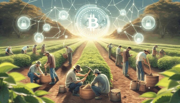 Grupo de personas trabajando en una plantación de yerba mate, con una superposición gráfica de cadenas de bloques digitalizadas.