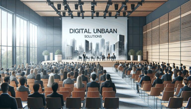 Auditorio moderno con startups, emprendedores y expertos en tecnología presentando soluciones urbanas digitales.