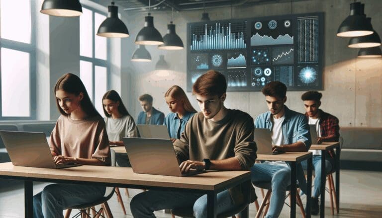 Jóvenes utilizando computadoras portátiles en un espacio moderno de coworking, con pantallas mostrando gráficos de datos.