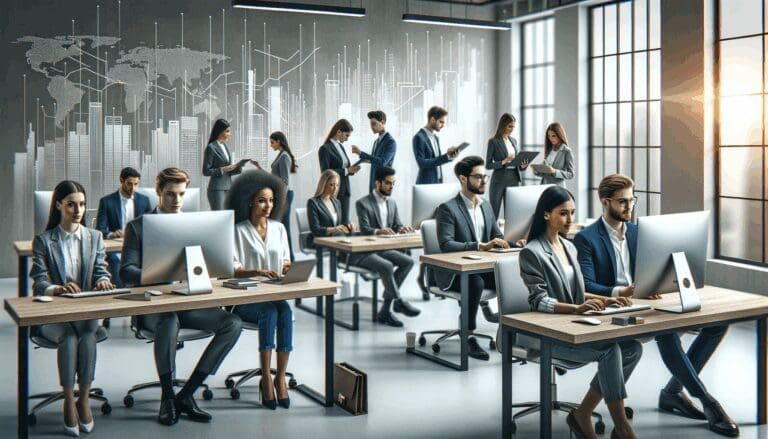 Oficina moderna con jóvenes emprendedores revisando computadoras, símbolo de tecnología financiera.