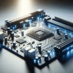 Placa base con microchips y luces azules en ambiente tecnológico moderno.