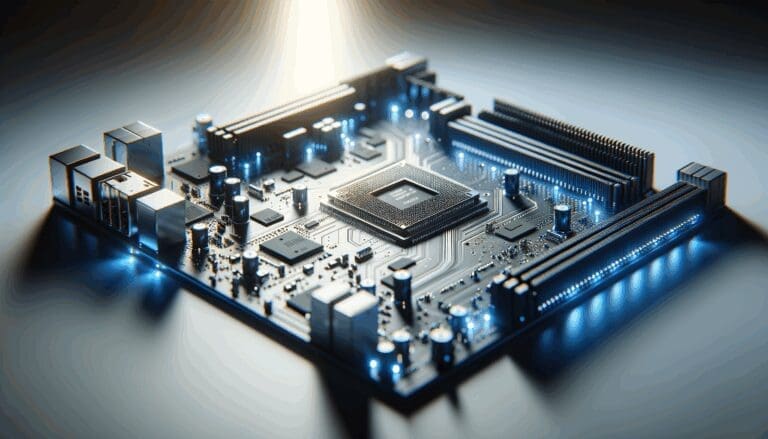 Placa base con microchips y luces azules en ambiente tecnológico moderno.