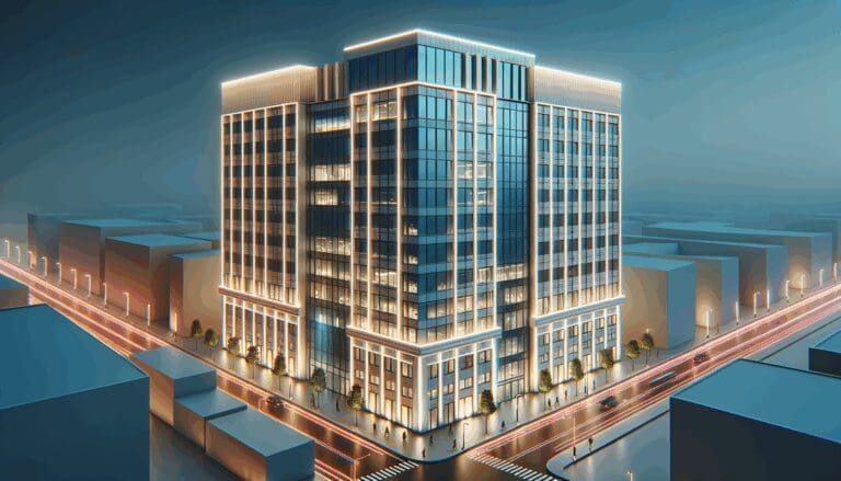 Vista de un edificio moderno de oficinas con luces de neón.