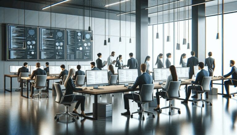 Oficina moderna con equipos de desarrollo colaborando frente a grandes pantallas y pizarras digitales.