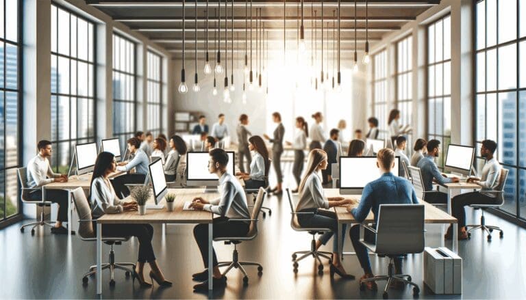 Oficina moderna y luminosa con jóvenes emprendedores colaborando frente a computadoras.