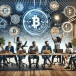 Equipo multicultural reunido frente a laptops, gráficos cripto digitales al fondo, ambiente de coworking moderno.