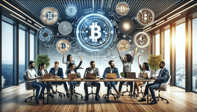 Equipo multicultural reunido frente a laptops, gráficos cripto digitales al fondo, ambiente de coworking moderno.