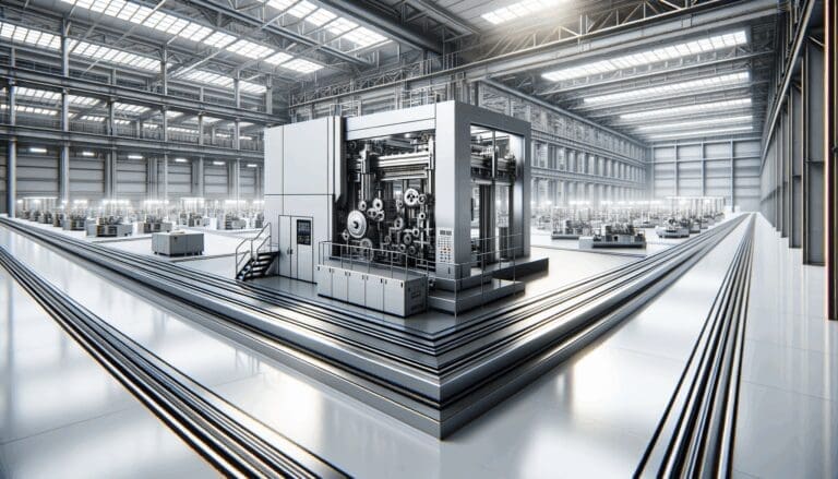 Primer plano de maquinaria industrial avanzada en una nave tecnológica luminosa.