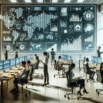 Oficina moderna con equipos de trabajo analizando gráficos digitales y pantallas con datos en ambiente tecnológico.