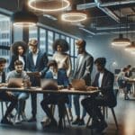 Equipo de jóvenes emprendedores desarrollando ideas en un moderno espacio de coworking latinoamericano.