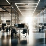 Oficina moderna con equipos de tecnología colaborando en un espacio luminoso, ambiente corporativo y enfoque en innovación.