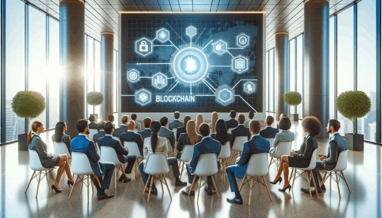 Reunión de empresarios en un salón moderno con gráficos de tecnología blockchain en pantalla.