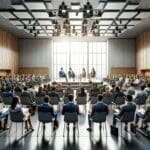 Escena de un auditorio moderno con emprendedores y profesionales debatiendo innovación tecnológica.