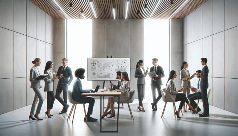 Fotografía de jóvenes emprendedores dialogando en un espacio moderno con laptops y pizarras digitales.