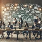 Jóvenes emprendedores colaborando en un espacio de coworking moderno con laptops y pizarras llenas de ideas.