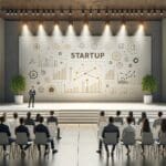 Jóvenes emprendedores presentando una startup en un auditorio moderno con fondos luminosos.