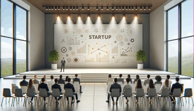 Jóvenes emprendedores presentando una startup en un auditorio moderno con fondos luminosos.