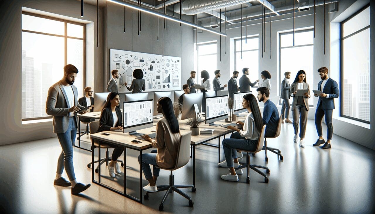 Oficina moderna con jóvenes emprendedores colaborando junto a computadoras y pizarras digitales.