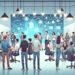 Ilustración de jóvenes emprendedores reunidos en un coworking moderno, rodeados de pantallas con gráficos y símbolos de blockchain.