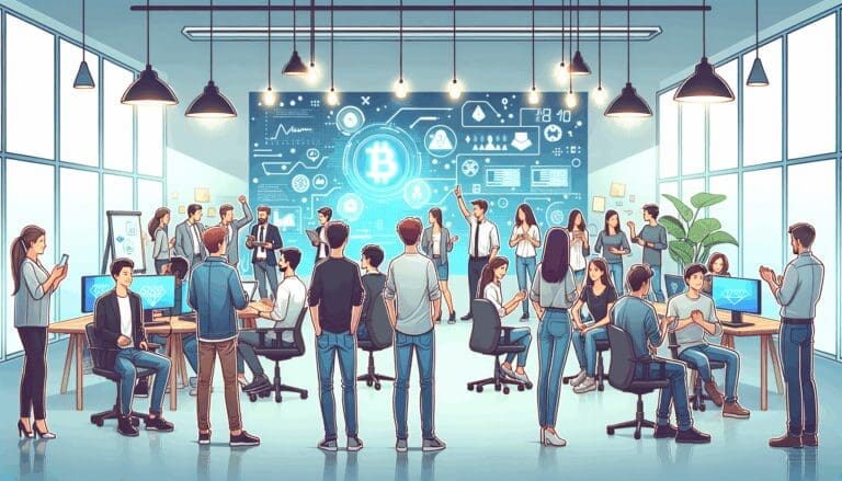 Ilustración de jóvenes emprendedores reunidos en un coworking moderno, rodeados de pantallas con gráficos y símbolos de blockchain.