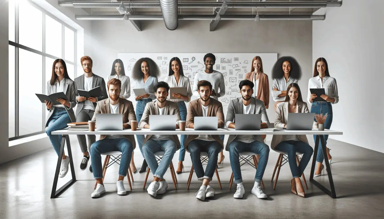 Jóvenes profesionales reunidos en un coworking moderno, laptops abiertas y pizarras llenas de ideas.