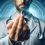 Primer plano de mano científica sosteniendo cápsula de medicamento sobre fondo tecnológico azul.