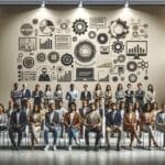 Grupo diverso de emprendedores presentando innovaciones tecnológicas en un moderno auditorio iluminado.