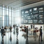 Oficinas modernas con ventanales, personas reunidas frente a pantallas mostrando gráficos y videos digitales.