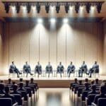 Panel de discusión en un auditorio con líderes tecnológicos debatiendo.