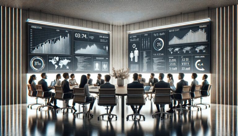 Sala de reuniones moderna con emprendedores conversando frente a pantallas que muestran gráficos de crecimiento y código.