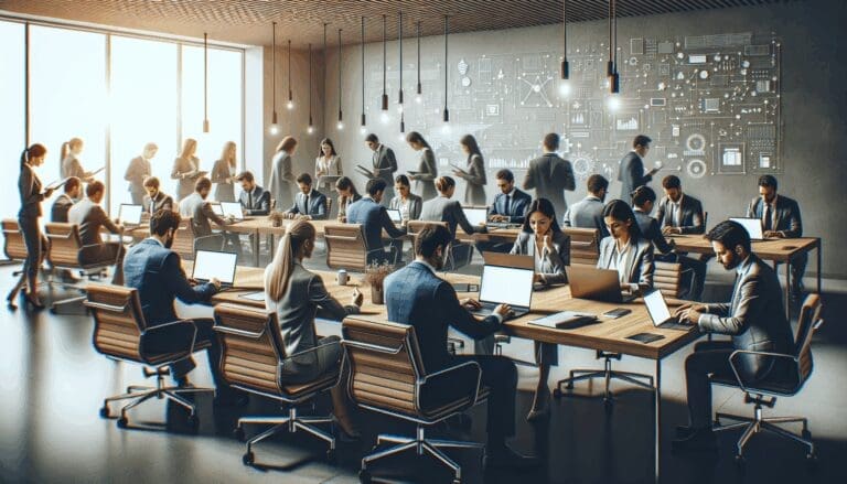 Moderna sala de reuniones con emprendedores trabajando en tecnología innovadora.