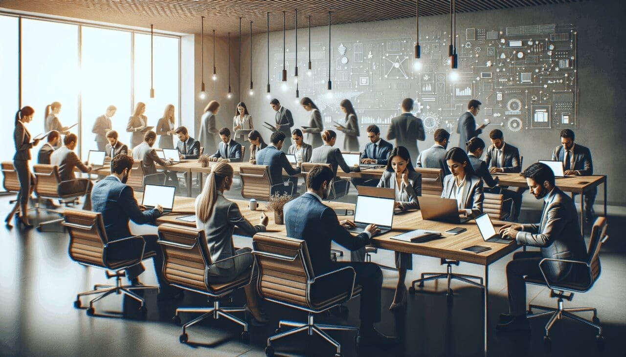 Moderna sala de reuniones con emprendedores trabajando en tecnología innovadora.