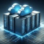 Ilustración digital de servidores en la nube conectados con líneas de datos azules, fondo oscuro y moderno.
