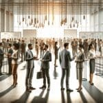 Evento de networking entre emprendedores y representantes de fondos de inversión en un espacio moderno y luminoso.