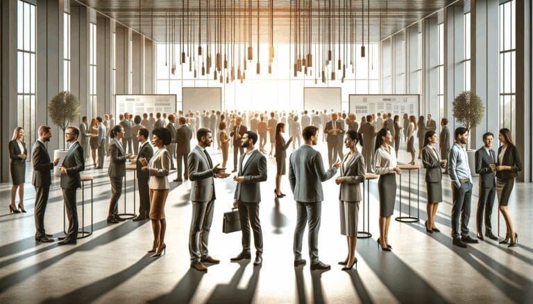 Evento de networking entre emprendedores y representantes de fondos de inversión en un espacio moderno y luminoso.