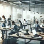 Oficina moderna con jóvenes emprendedores trabajando en laptops, ambiente dinámico y tecnológico.