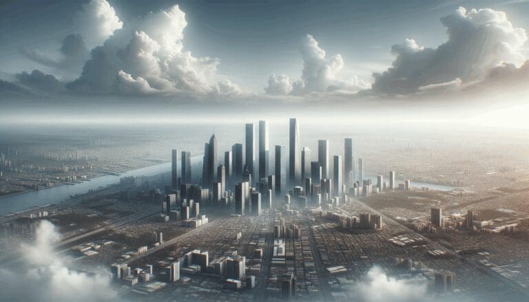Vista aérea de una ciudad moderna con rascacielos y nubes sobre el horizonte