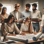 Jóvenes profesionales reunidos en una sala de trabajo contemporánea, colaborando sobre planos y tecnología.