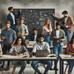 Grupo de jóvenes profesionales colaborando en un espacio de coworking moderno, con laptops y pizarras.