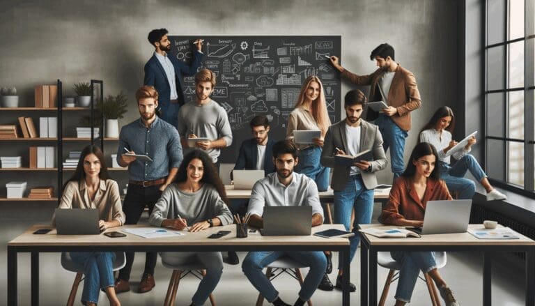 Grupo de jóvenes profesionales colaborando en un espacio de coworking moderno, con laptops y pizarras.